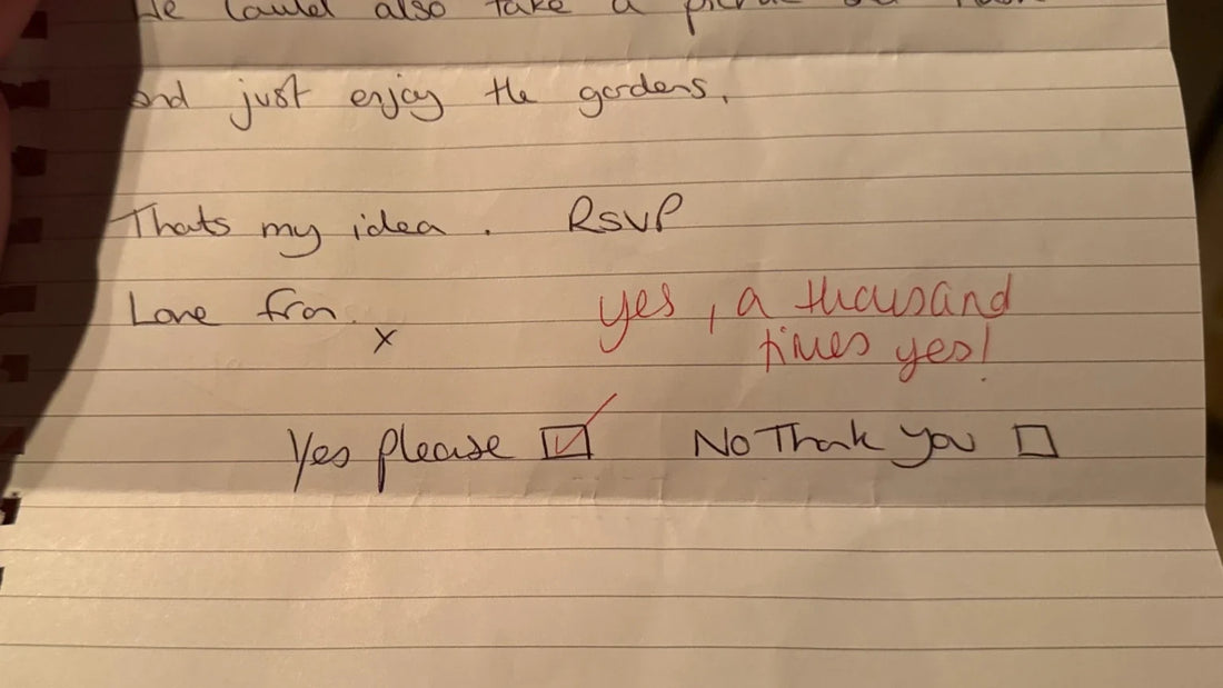 Handwritten friendship date invitation with a red tick beside “Yes please” and the reply “yes, a thousand times yes!” written in red ink.