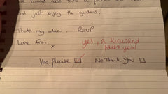 Handwritten friendship date invitation with a red tick beside “Yes please” and the reply “yes, a thousand times yes!” written in red ink.
