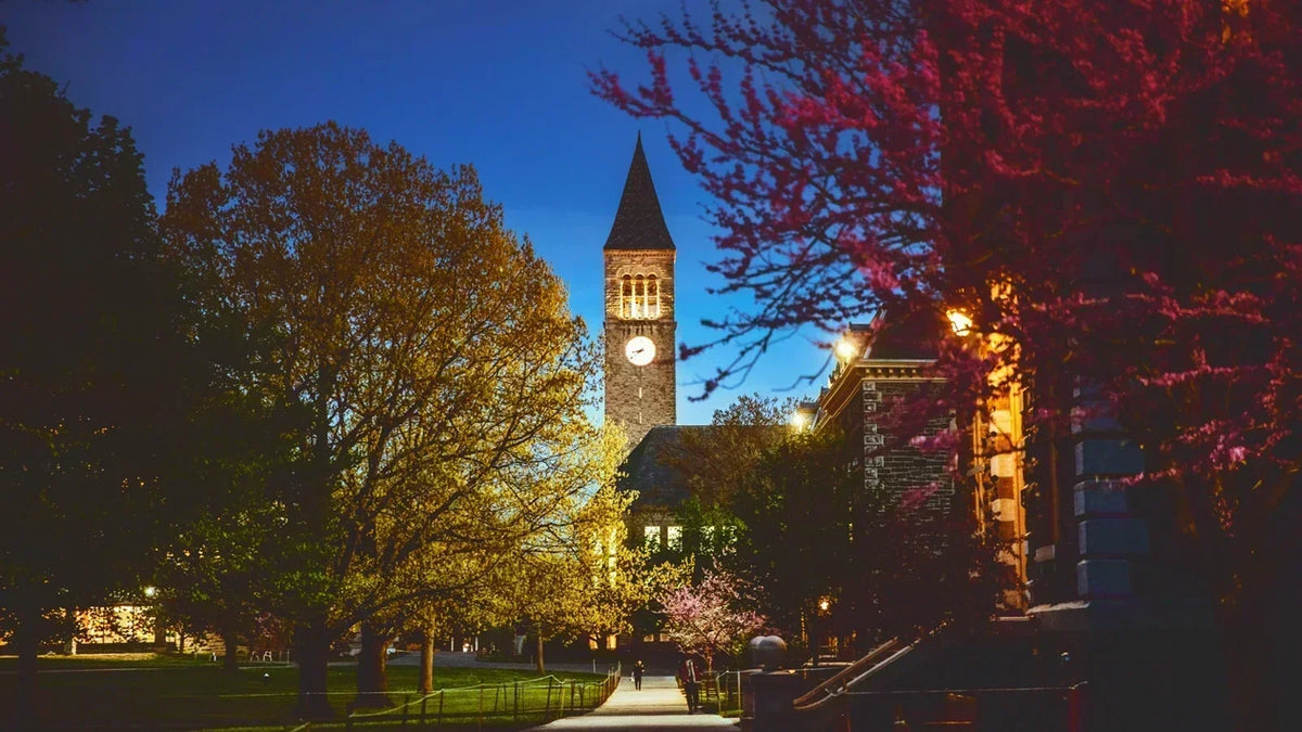 Cornell University campus at dusk, with the illuminated clock tower framed by trees and university buildings.