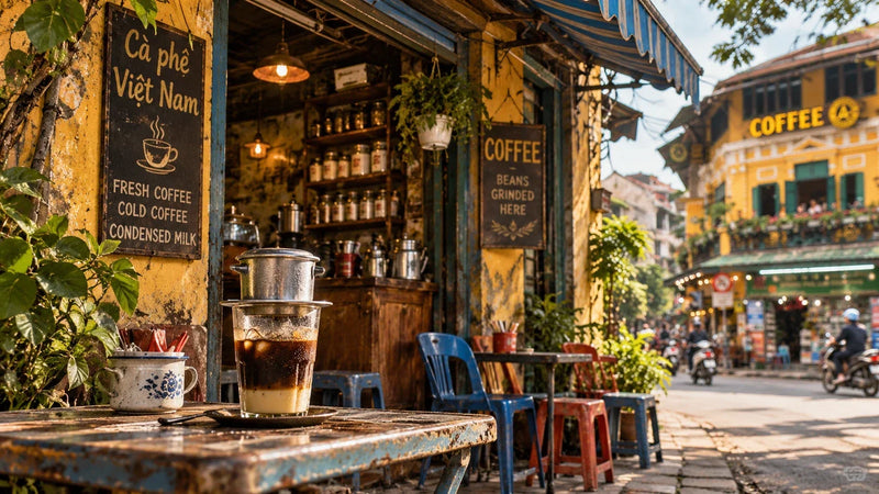 A traditional Vietnamese street café with a glass of coffee and condensed milk on a weathered table in the warm morning sunshine.