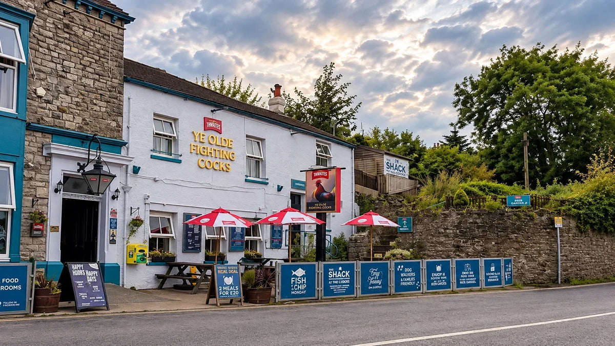 Ye Olde Fighting Cocks pub in Arnside, remembered from childhood family holidays near Silverdale and Holgates.