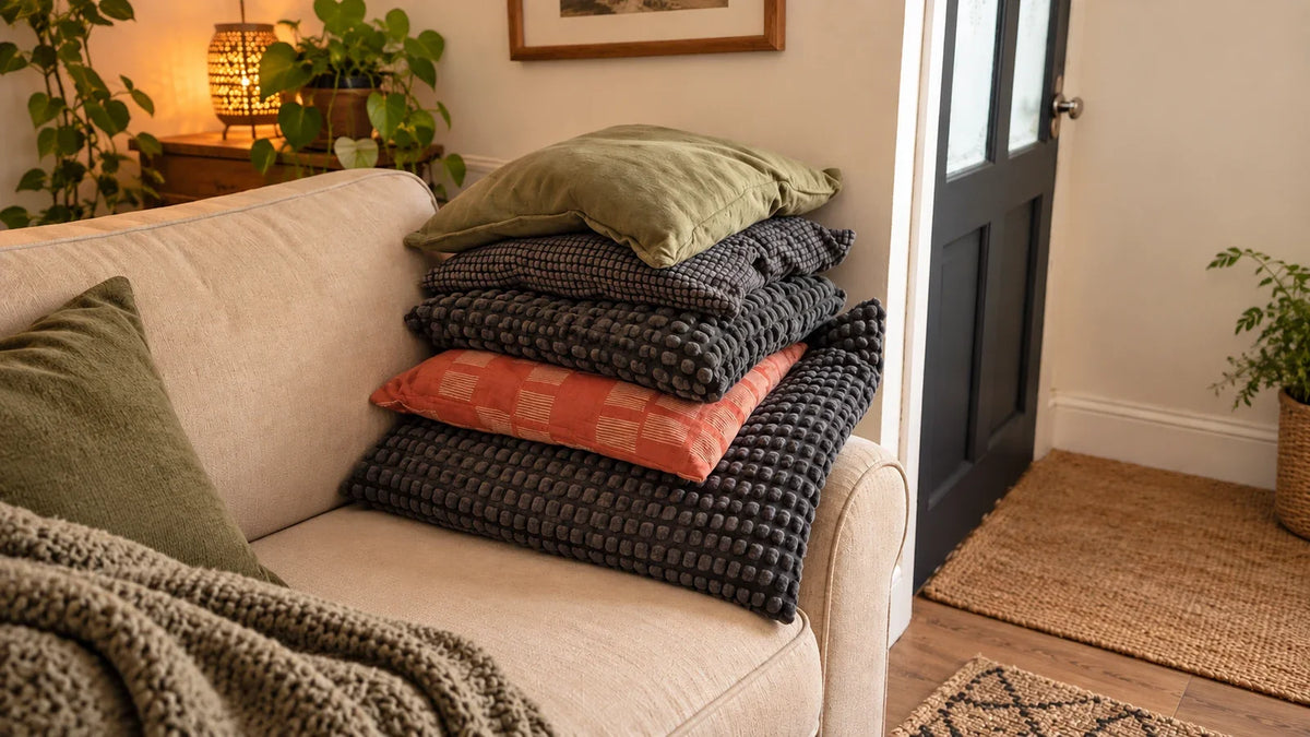 A stack of sofa cushions piled on the arm of a cream couch, ready for Bob the dog to steal for his nightly bed.