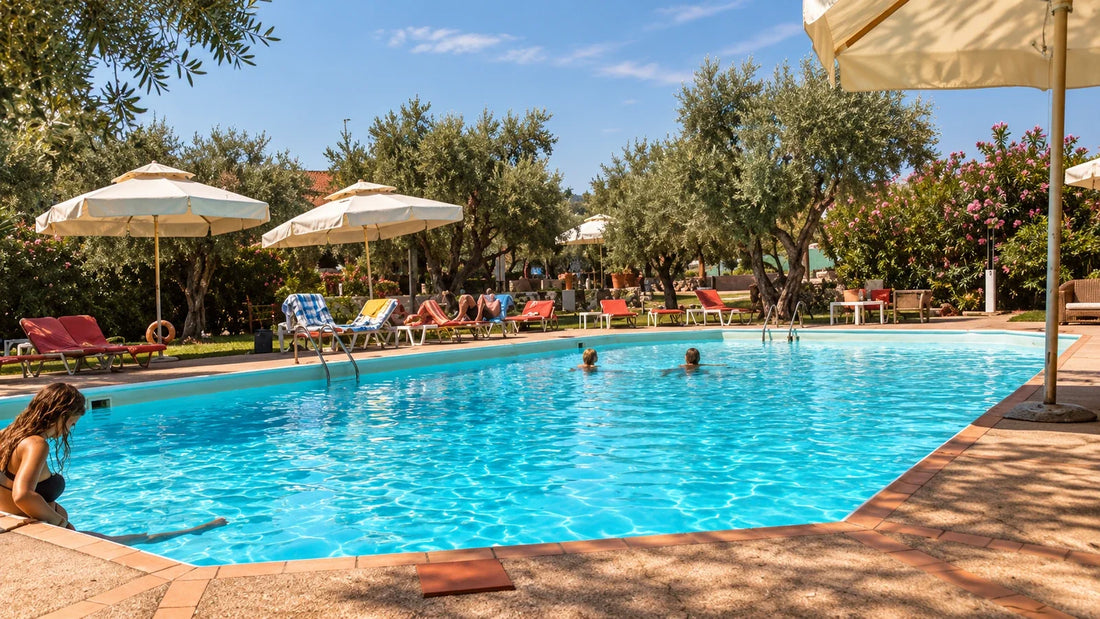 Image of a swimming pool. Sun loungers sunshine 