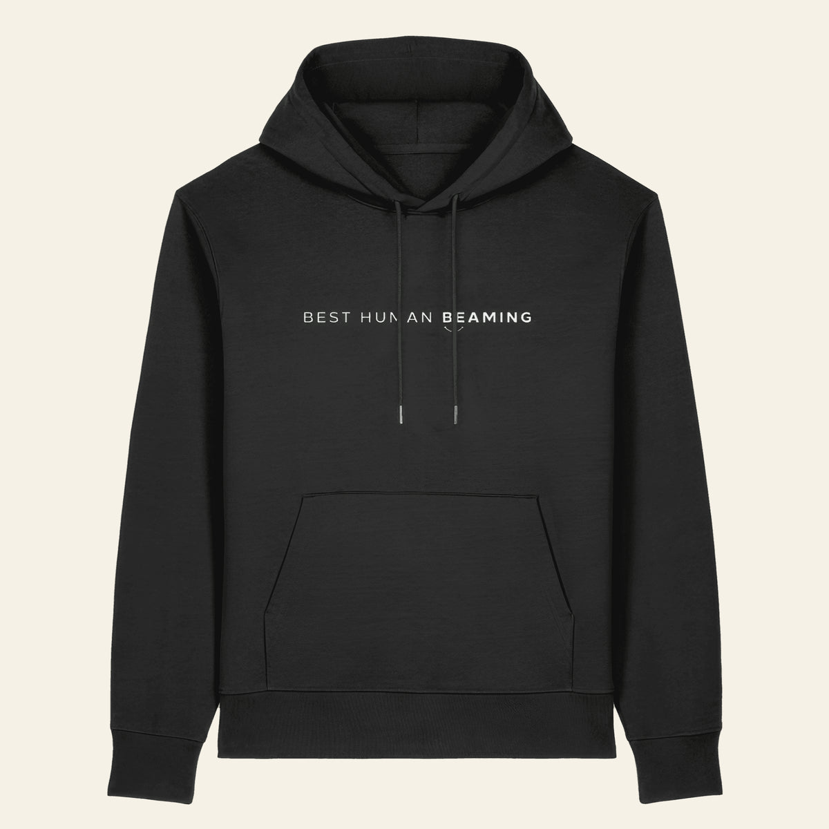 Front view of the black Best Human Beaming heavyweight unisex hoodie with white chest logo, drawcords and kangaroo pocket.