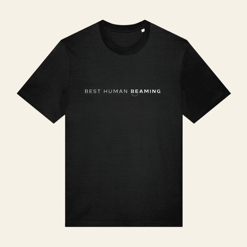 Front view of the black Best Human Beaming unisex organic cotton tee with white chest logo.
