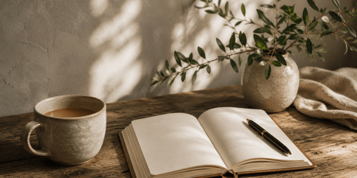 An open notebook with a black pen resting on it sits on a rustic wooden table next to a ceramic mug of coffee, with a small vase of greenery in the background under warm natural light.