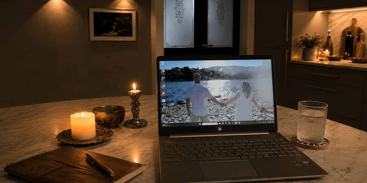 Kitchen table with laptop in candle light 