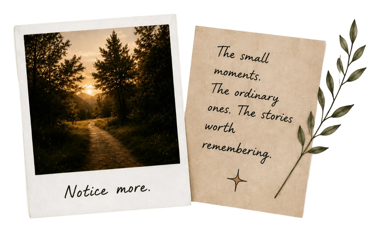 Two square paper cards on a white background: one Polaroid-style photo card showing a sunlit forest path, and one kraft note card with the quote 'The small moments. The ordinary ones.